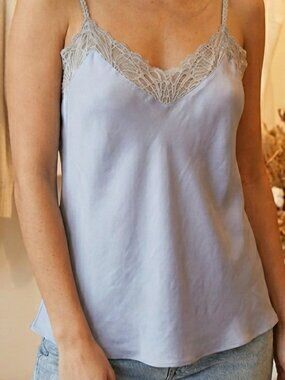 Josie Natori Periwinkle Blue Lace Trim Spaghetti Strap Camisole Top Size S Small